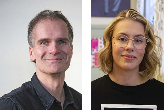 Porträtt sida vid sida av en leende man i mörk skjorta och en kvinna med glasögon och vågigt blont hår.