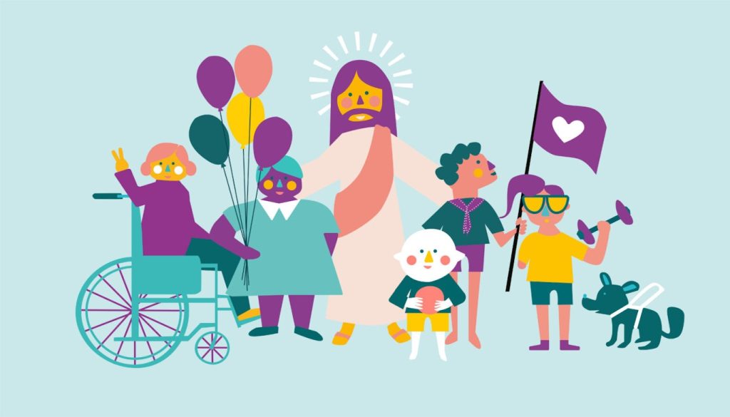 Färgglad tecknad bild av Jesus med olika barn, ballonger, en flagga och en hund som alla ler tillsammans.