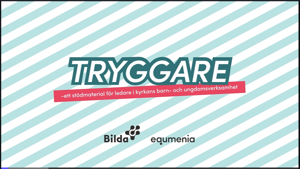 Text "TRYGGARE" med svensk undertext på blåvit rand; Bilda- och equmenia-logotyper i nederkant.