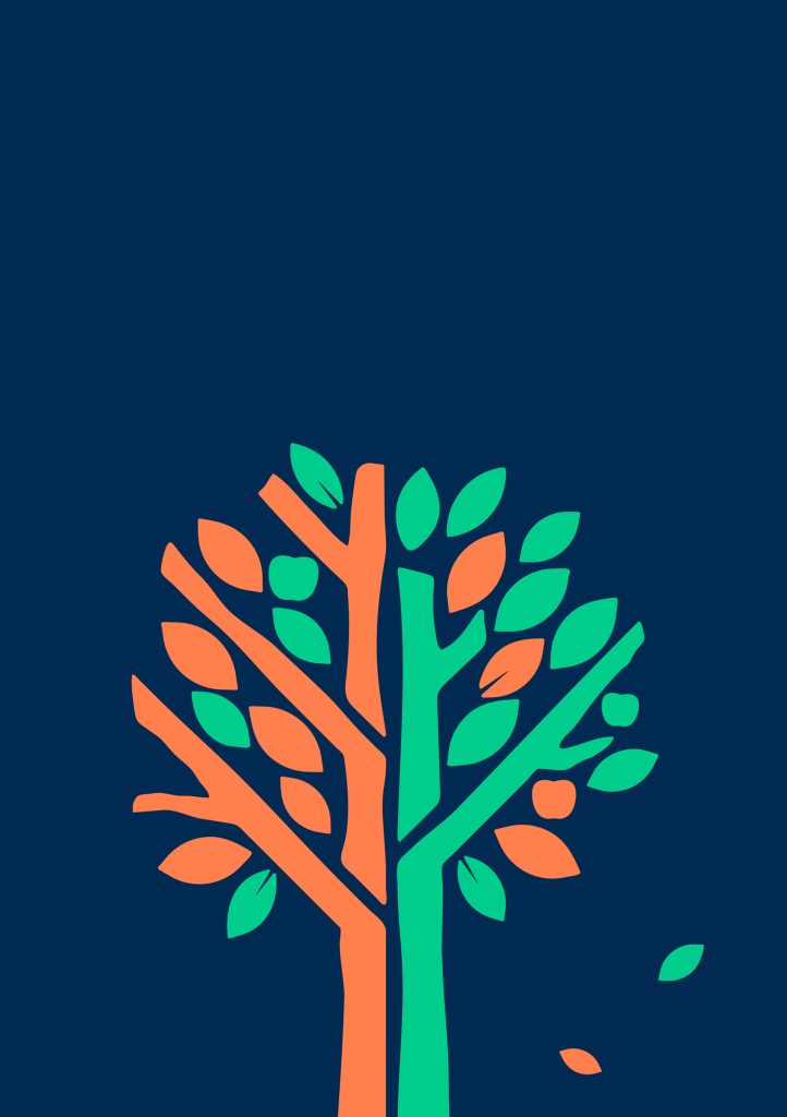 Stiliserat orange och grönt träd med spridda blad på en mörkblå bakgrund.