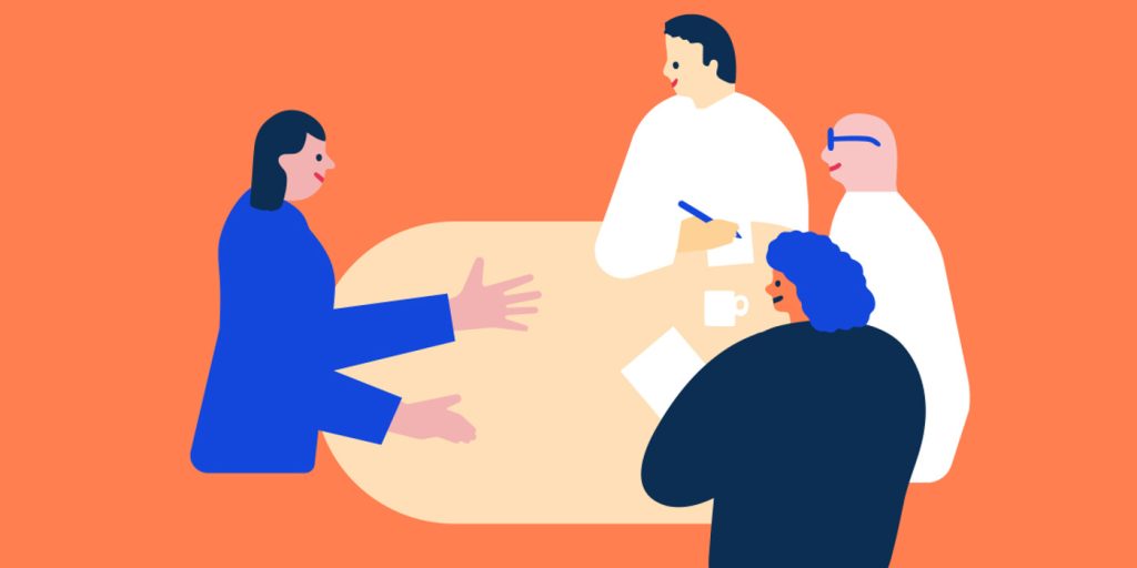 Illustration på personer runt ett bord som samtalar.