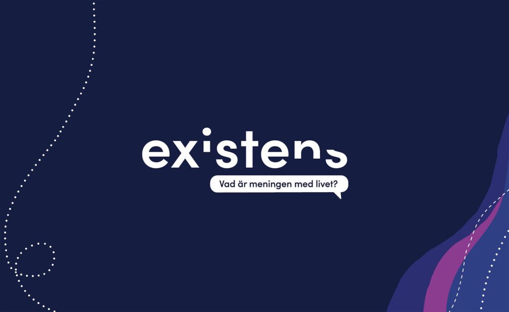 Vit text "existens" med en pratbubbla som frågar "Vad är meningen med livet?" på en mörkblå bakgrund.