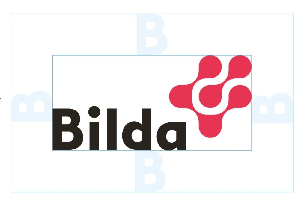 Ordet "Bilda" i fet svart text med en röd abstrakt geometrisk logotyp uppe till höger.