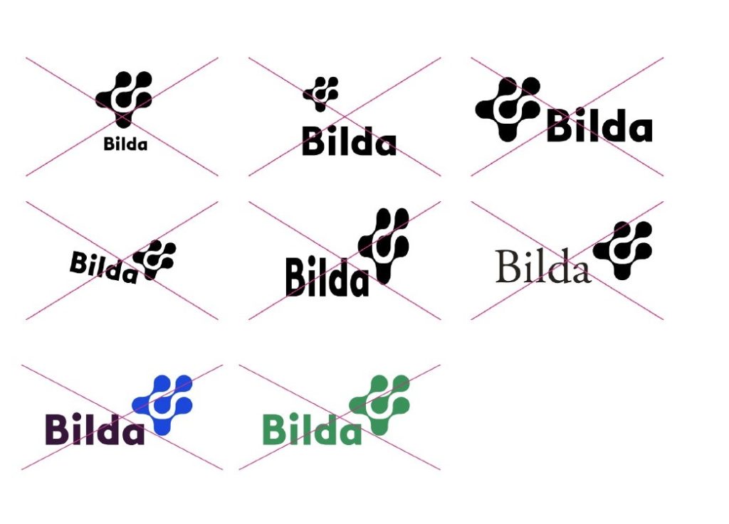 Sju "Bilda"-logotyper med tassavtryck, var och en överkryssad med diagonala linjer.
