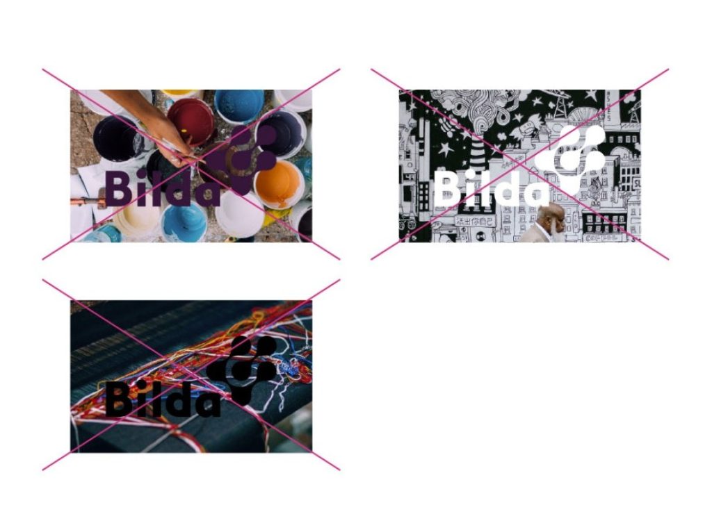 Fyra överstrukna bilder med konstmaterial, muralmålning, broderi och ordet "Brida" överlagrade på varje bild.