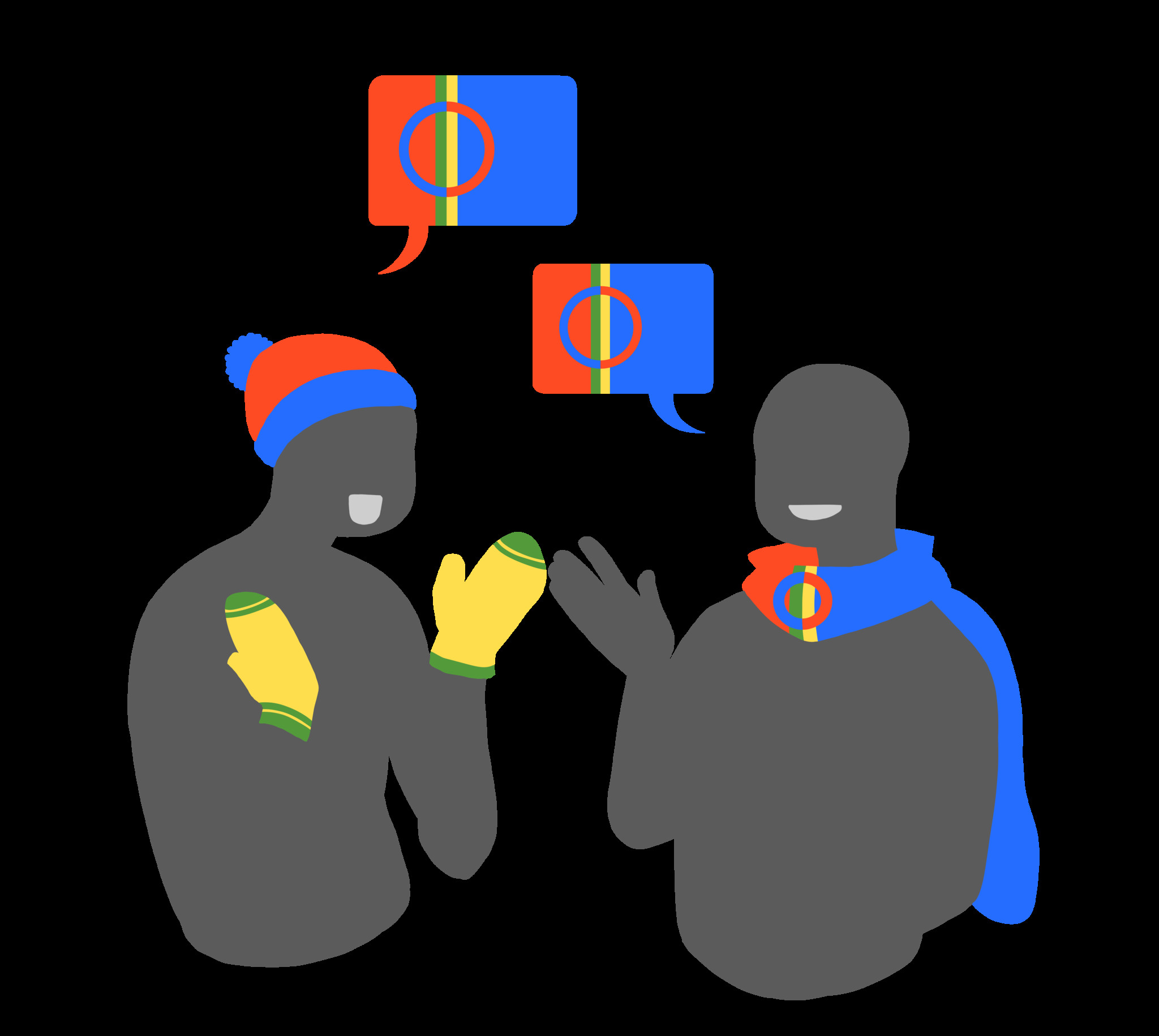 Två illustrerade figurer i samtal med varsin pratbubbla. Den ena bär röd mössa och gula vantar, den andra en blå cape. Båda bubblorna har en cirkeldesign i rött, blått, gult och grönt.