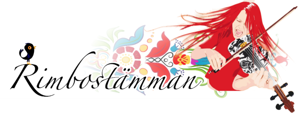 Illustration av en violinspelande kvinna med rött hår, blommotiv och texten "Rimbostämman" med en fågel.