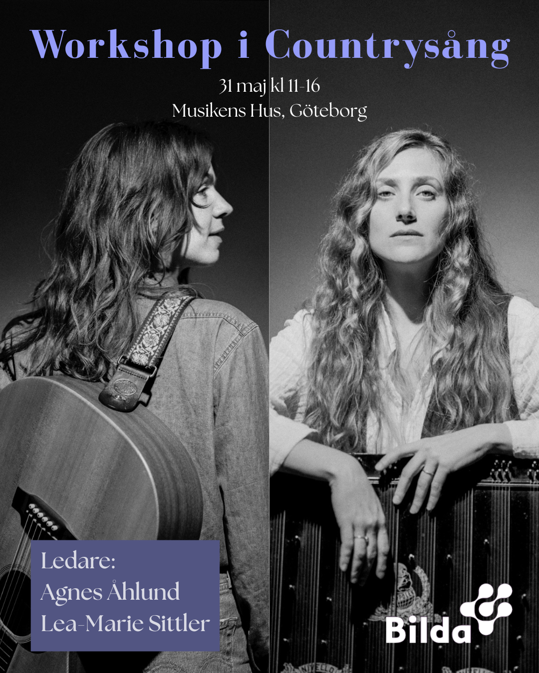 Två kvinnor med instrument; texten marknadsför en workshop i countrysång i Göteborg den 31 maj, ledd av Agnes och Lea-Marie.