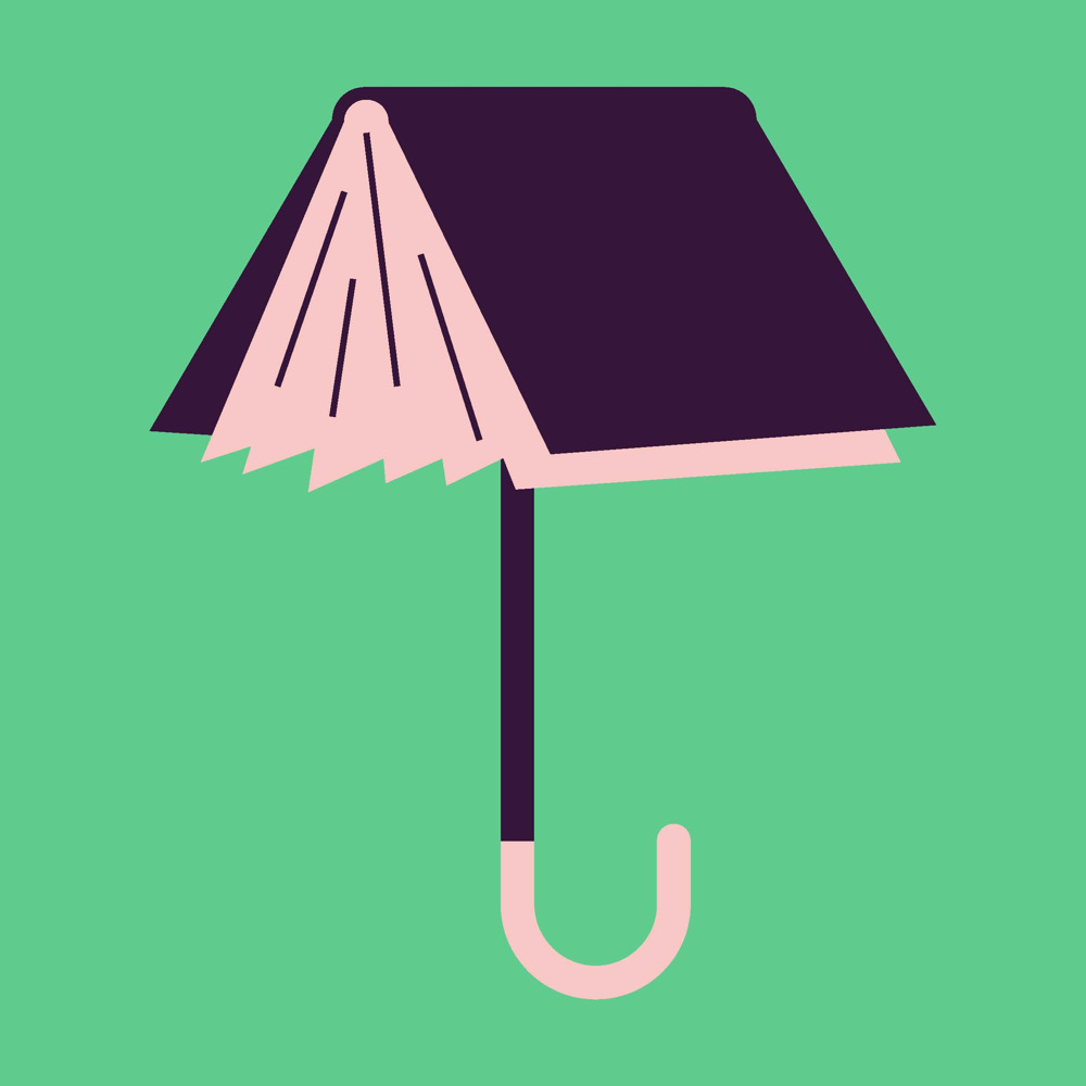 Ett paraply med en baldakin formad som en öppen bok mot en grön bakgrund.