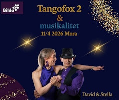 Ett par dansar i formell klädsel med eventdetaljer för "Tangofox 2 & musikalitet" på en mörk bakgrund.