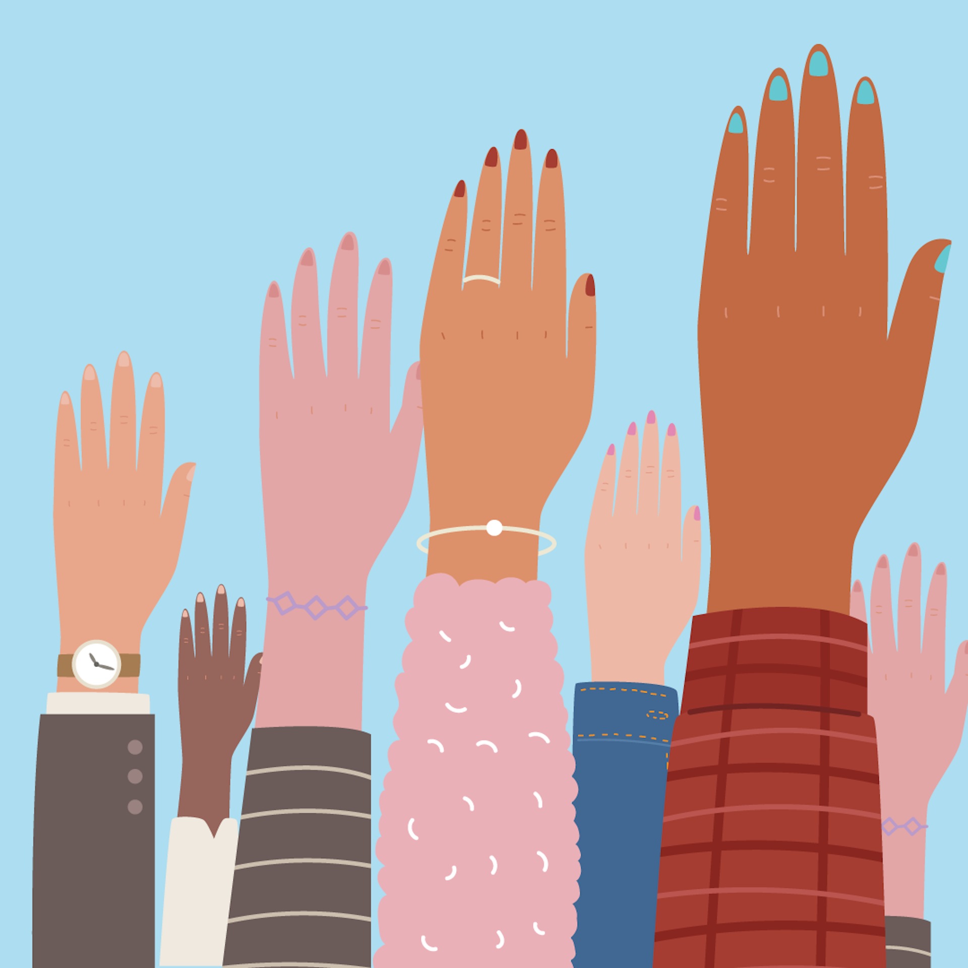 Illustration av olika händer som sträcks upp i luften mot en blå bakgrund, med olika hudtoner och kläder.