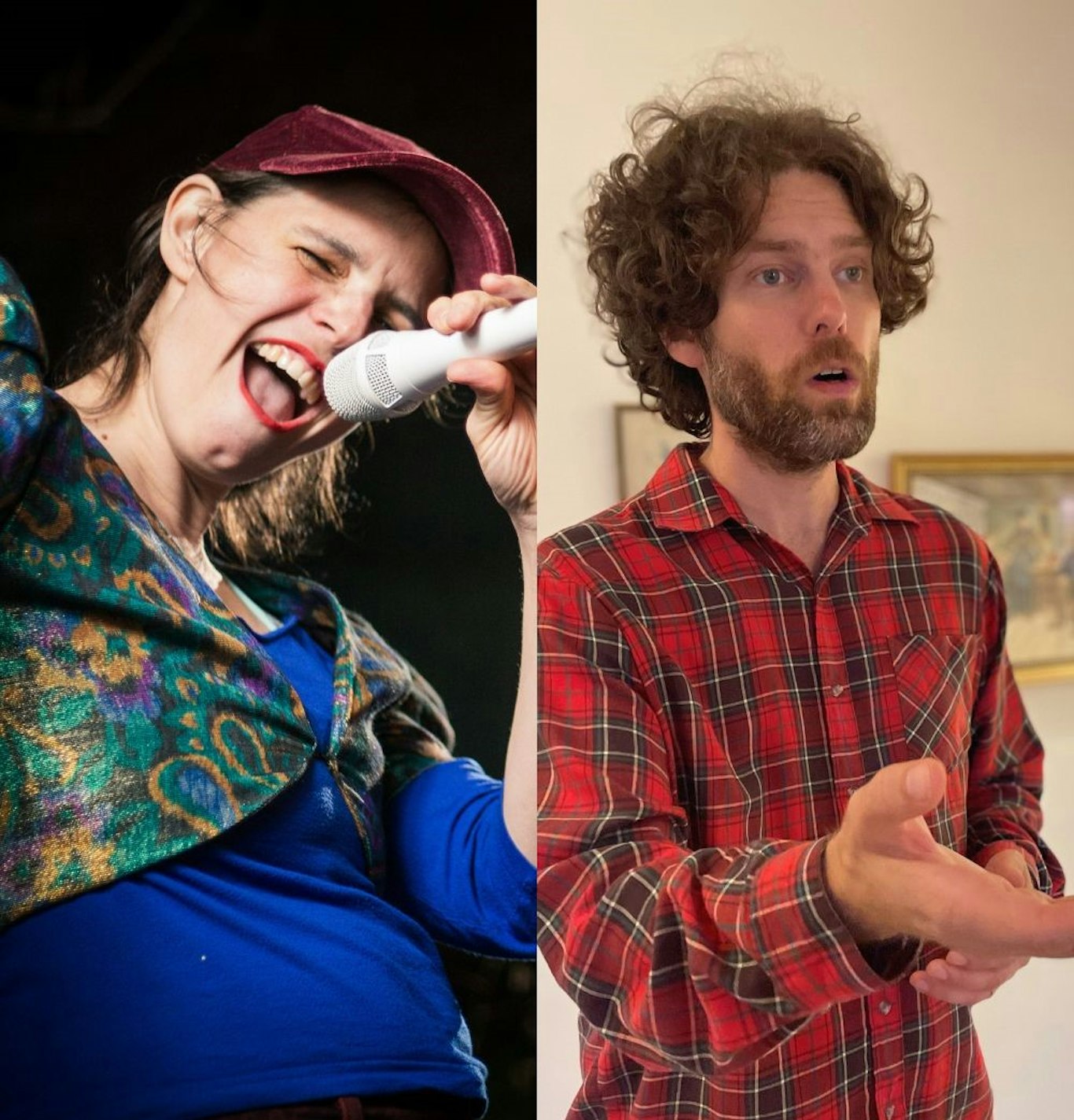 Delad bild: kvinna sjunger passionerat i en mikrofon, man i rödrutig skjorta gestikulerar med handen inomhus.