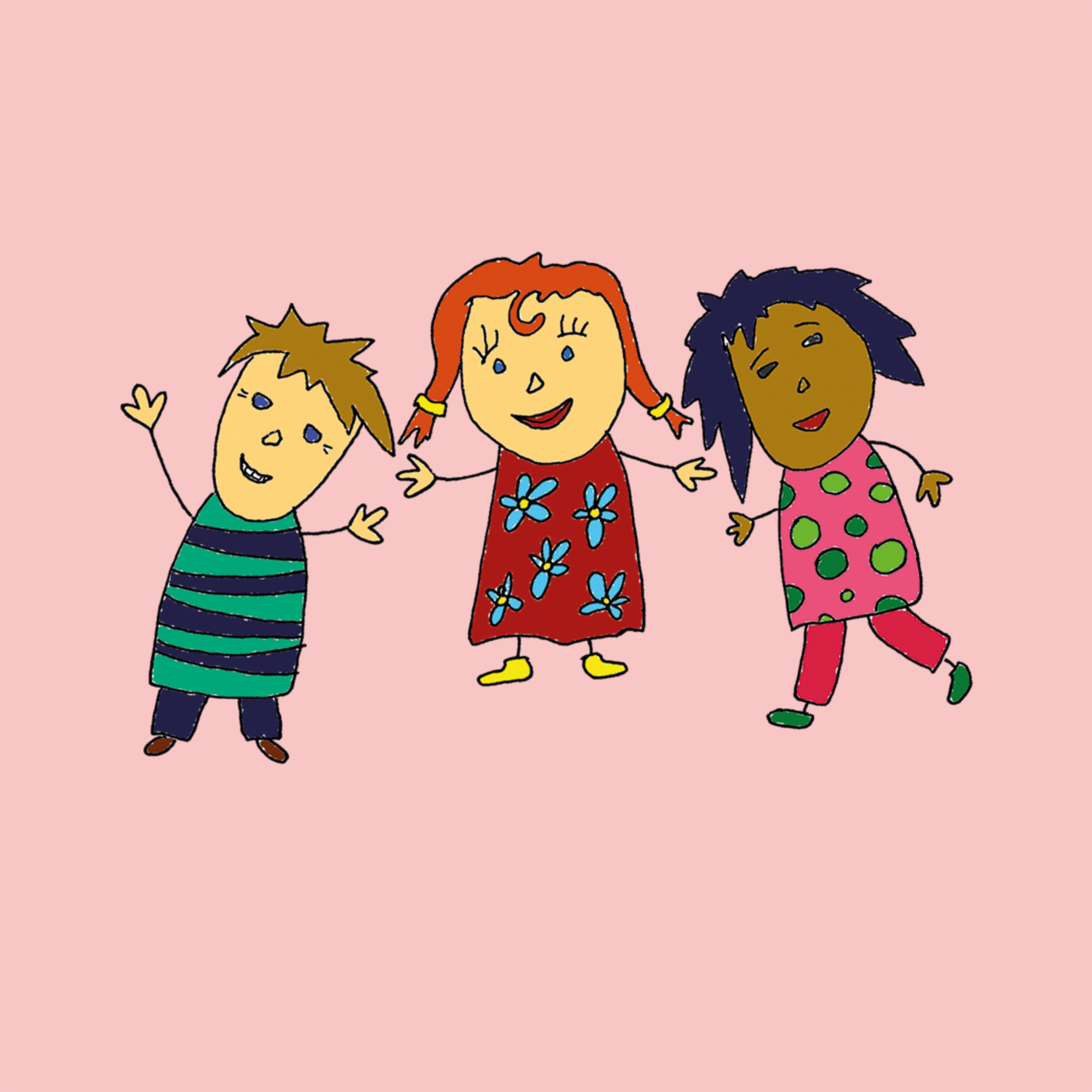 Tre leende barn som håller varandra i handen, i färgglada kläder, mot en ljusrosa bakgrund.