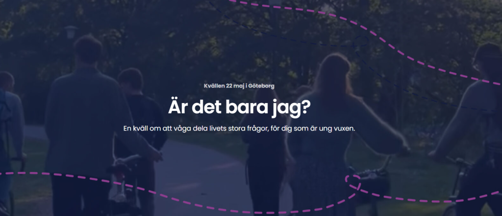 Fyra personer går med cyklar i en park, överlagrat med svensk eventtext i vita och lila streckade linjer.