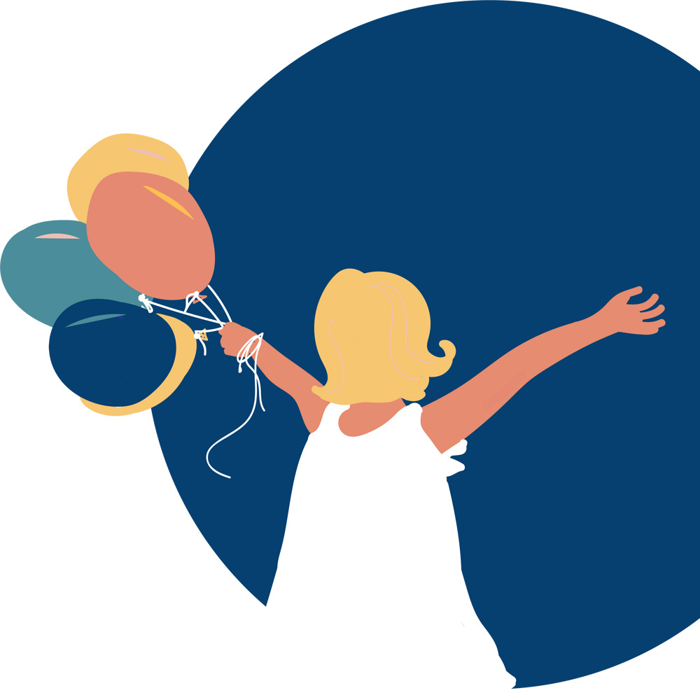 Illustration av ett barn i vit klänning som håller i ballonger med utsträckta armar mot en blå bakgrund.