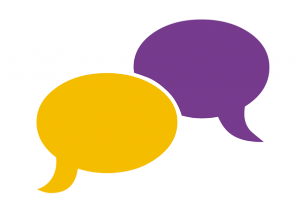 En pratbubbla i lila färg och en pratbubbla i gul färg.