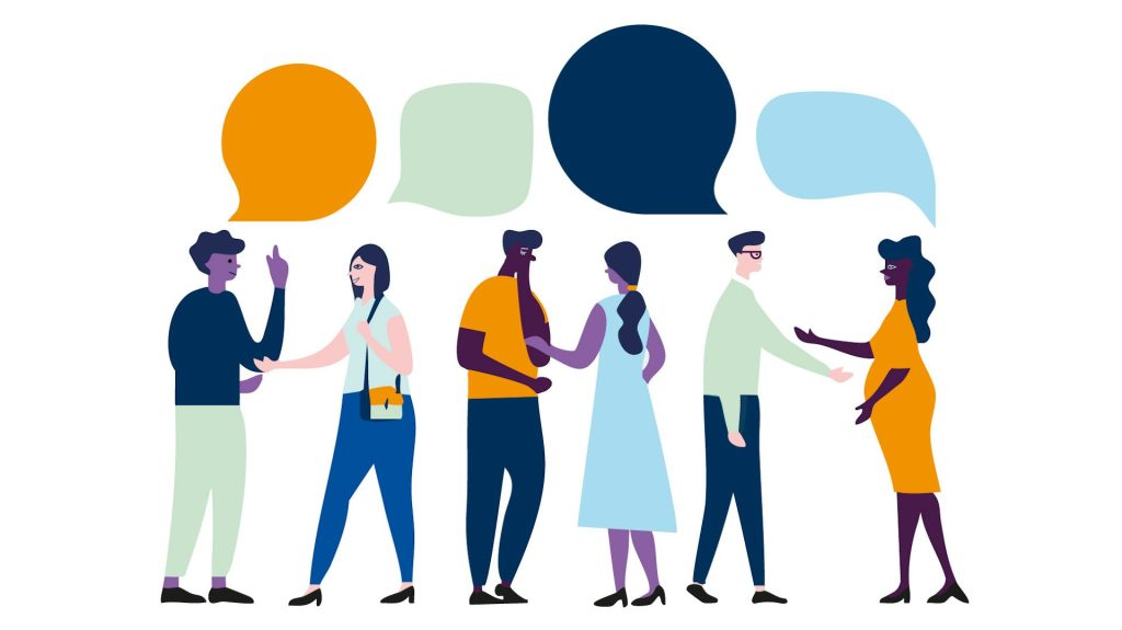 Illustration av sex personer som pratar i par, med färgglada pratbubblor ovanför deras huvuden.