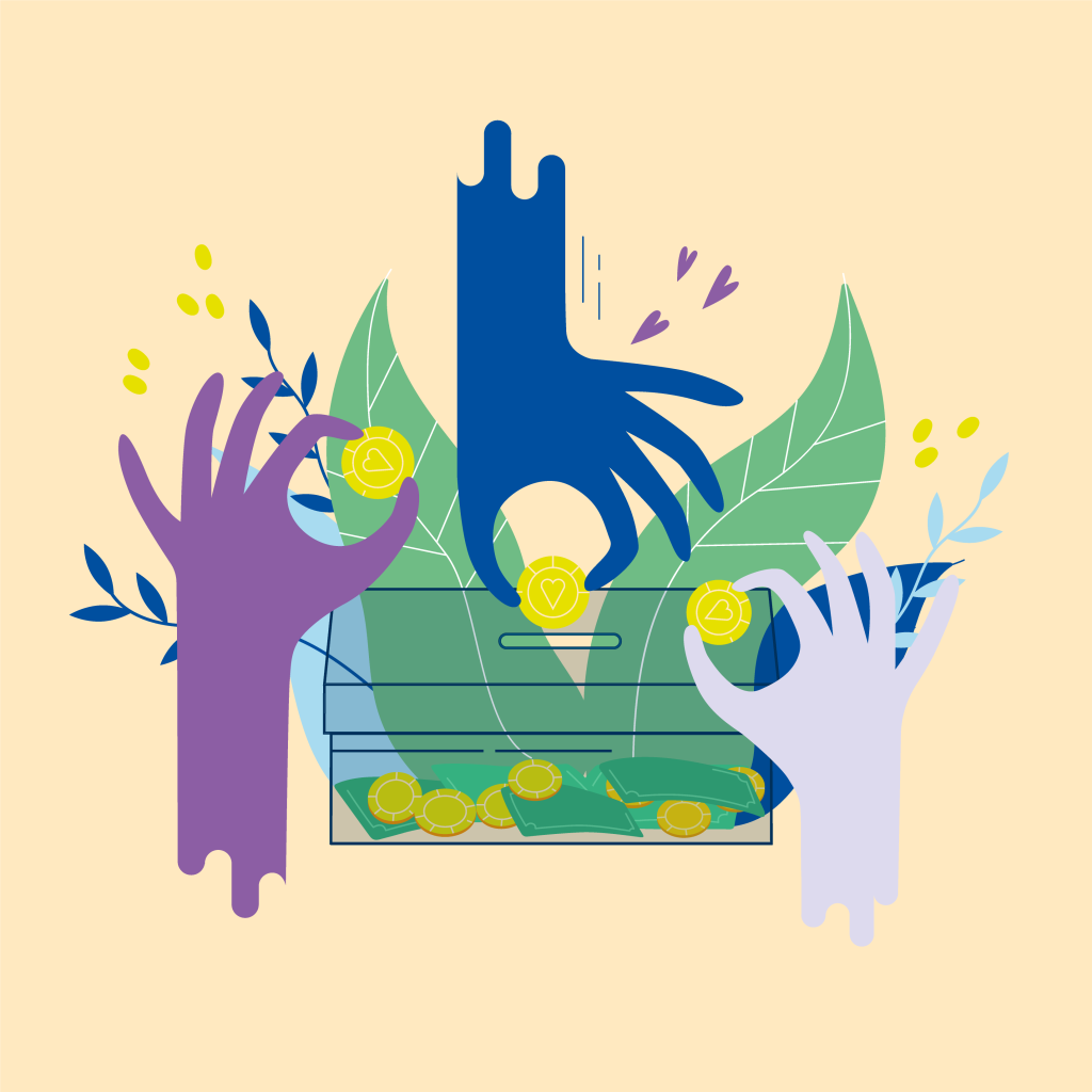 illustration på tre händer som lägger mynt i en låda med blad och kvistar.