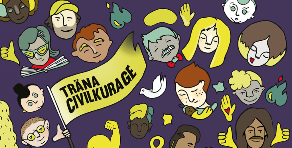 Tecknade ansikten och symboler på en lila bakgrund med en gul flagga där det står "TRÄNA CIVILKURAGE.