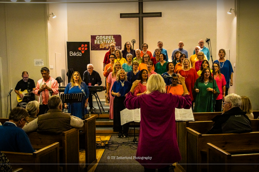 En kör med färgglada tröjor sjunger framför en körledare.