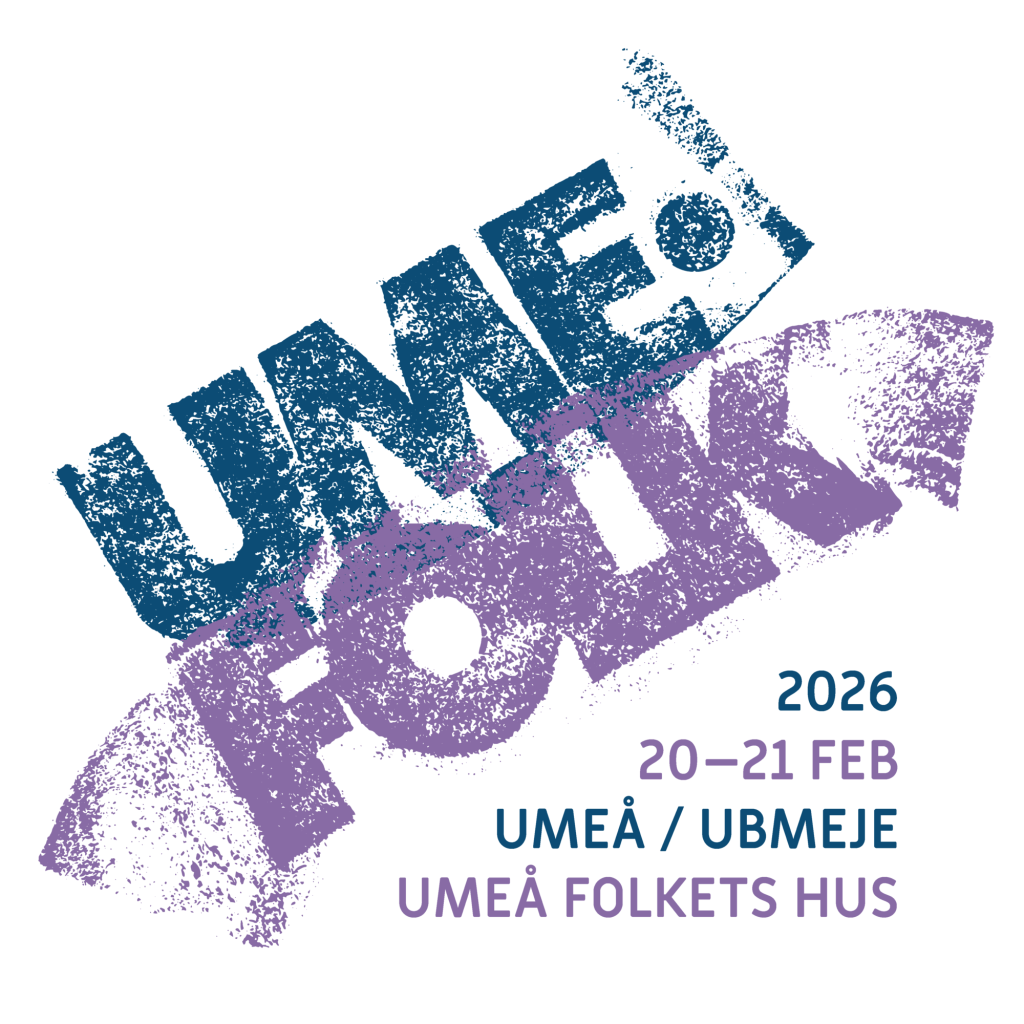 Textgrafik: "UME FOLK 2026, 20-21 FEB, UMEÅ / UBMEJE, UMEÅ FOLKETS HUS" i fet blå och lila text.