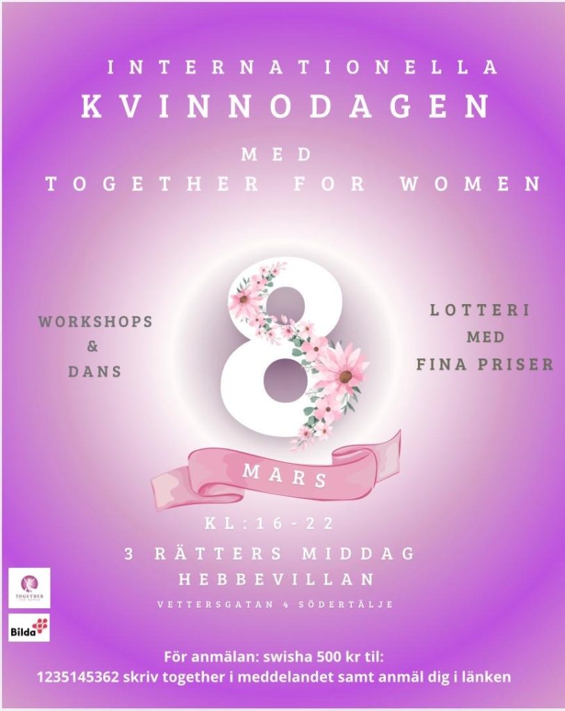 Lila affisch för Internationella kvinnodagen med blommigt nummer 8, information om evenemanget och dekorativ text.