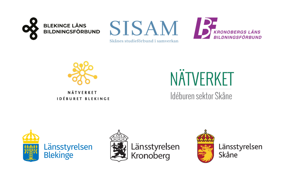 Logotyper för Blekinge, Kronoberg och Skåne regionala organisationer visas i rader med deras namn.