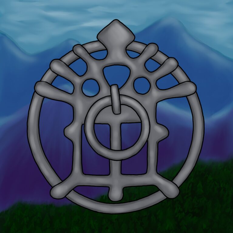 En metallisk, trädliknande symbol med cirkulära mönster mot blå berg och grön skogsbakgrund.