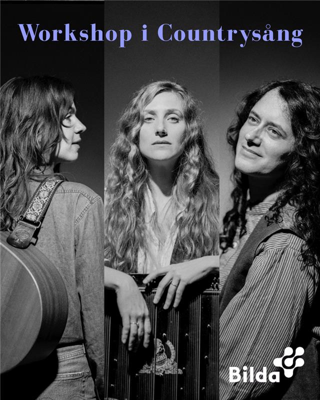 Tre kvinnor med musikinstrument i svartvitt med bildtexterna "Workshop i Countrysång" och "Bilda".