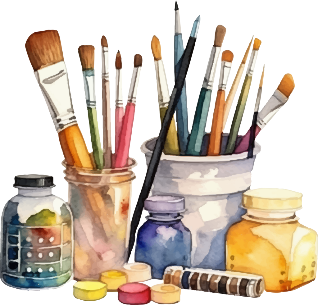 En akvarellteckning föreställande penslar och färgburkar