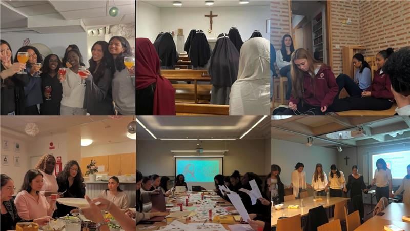 Ett collage av unga kvinnor som umgås, studerar, ber och deltar i gruppaktiviteter inomhus.