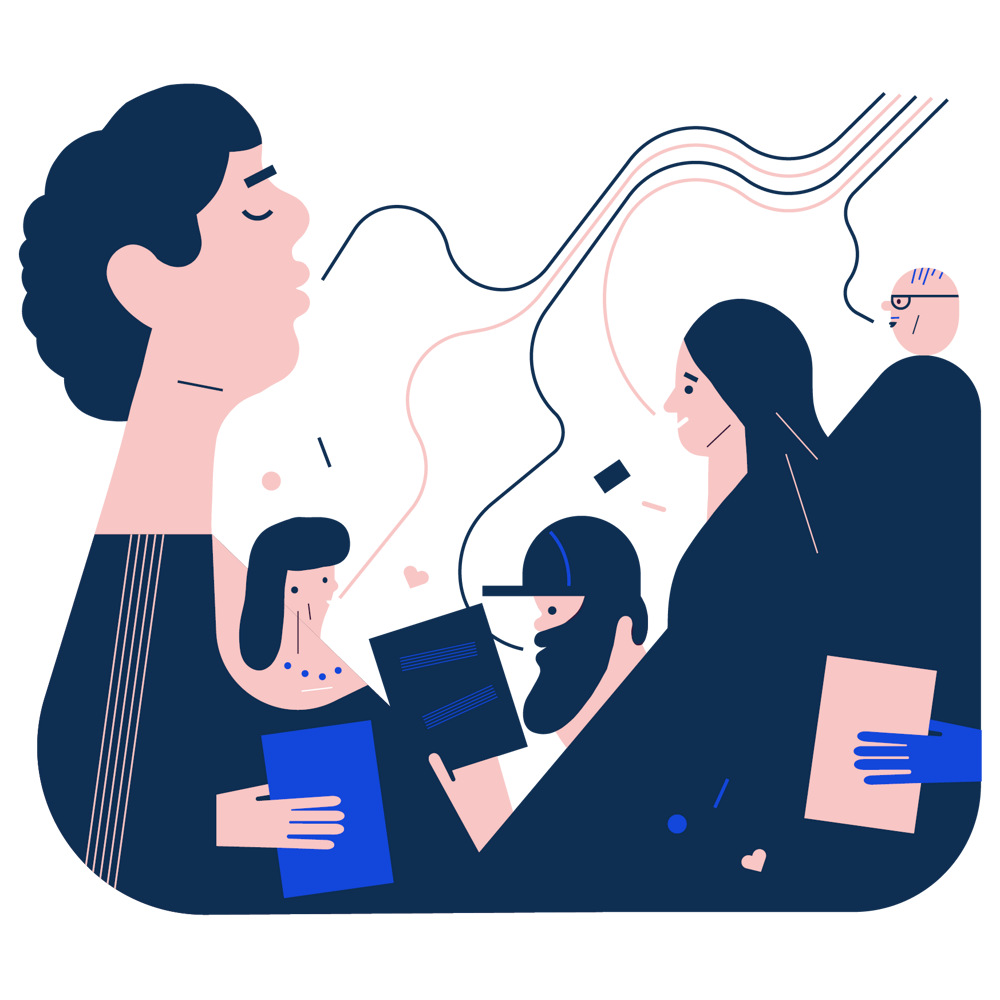 Illustration av olika personer som pratar och utbyter idéer, håller i böcker och papper, med talande linjer som förbinder dem.