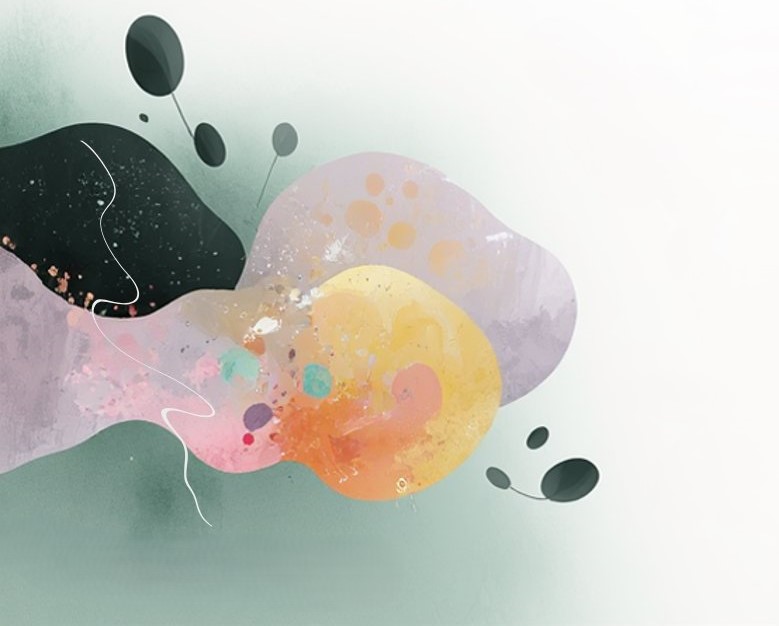 Abstrakta pastellformer och mörka bladliknande former på en ljus bakgrund, med akvarelltexturer och stänk.