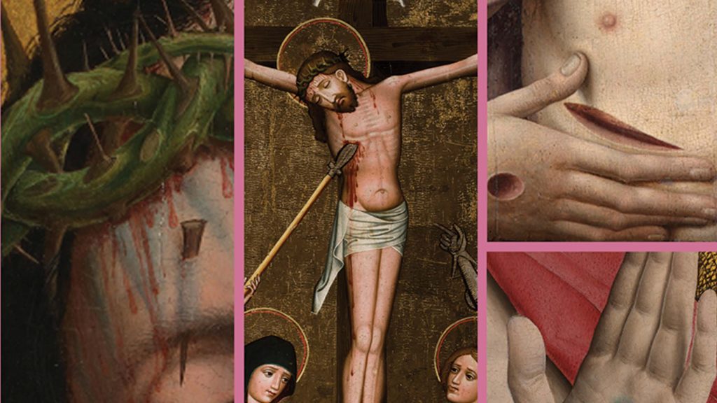 Collage av medeltida målningar som visar Jesus på korset, törnekrona, sår och bedjande händer.
