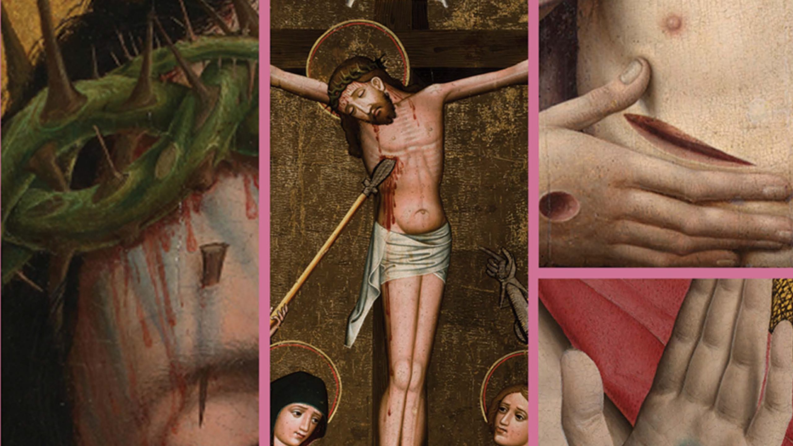 Collage av medeltida målningar som visar Jesus på korset, törnekrona, sår och bedjande händer.