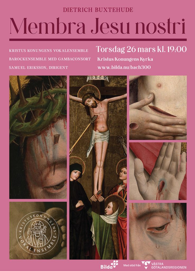 Collage av religiös konst som föreställer Jesu korsfästelse, med information om en körkonsert på en lila bakgrund.