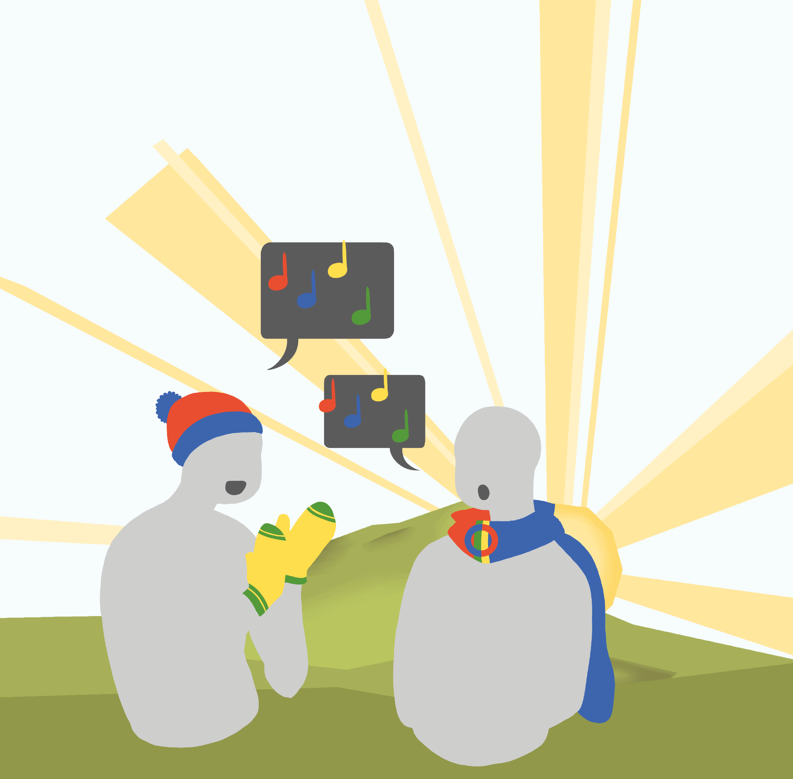 Två figurer sitter i gräset i soluppgången, iklädda vinterkläder och sjungande, med noter i pratbubblor.