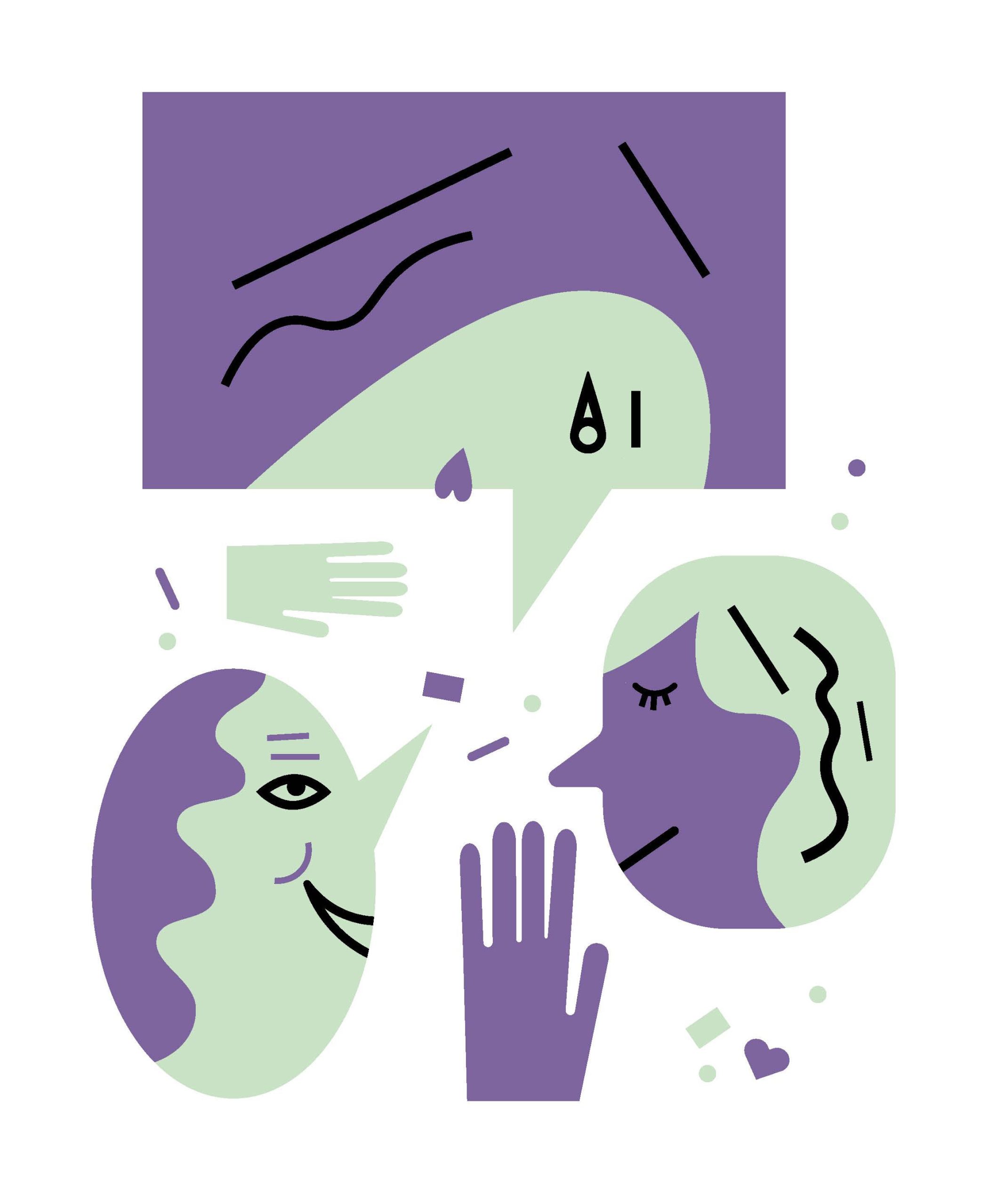 En illustration av tre personers ansikten och händer.