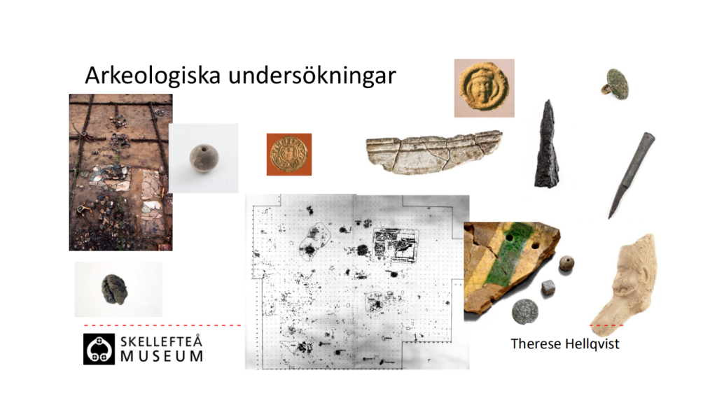 Collage av arkeologiska fynd, karta över platsen och föremål; text på svenska om arkeologiska undersökningar.