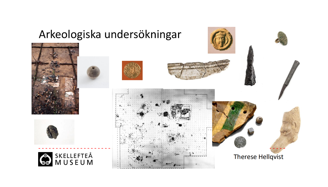 Collage av arkeologiska fynd, karta över platsen och föremål; text på svenska om arkeologiska undersökningar.