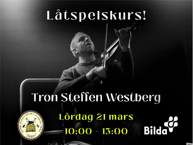 Svartvitt foto av en man som spelar violin med text om en musikworkshop den 21 mars kl. 10.00-13.00.