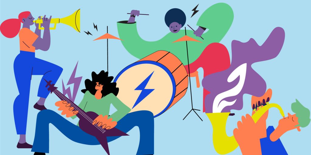 En grupp människor som spelar musikinstrument tillsammans.