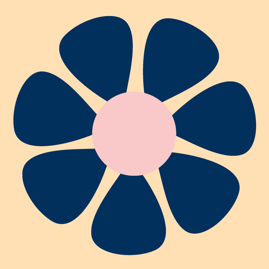 Enkel blomma med sex mörkblå kronblad och rosa mitt på ljusbeige bakgrund.