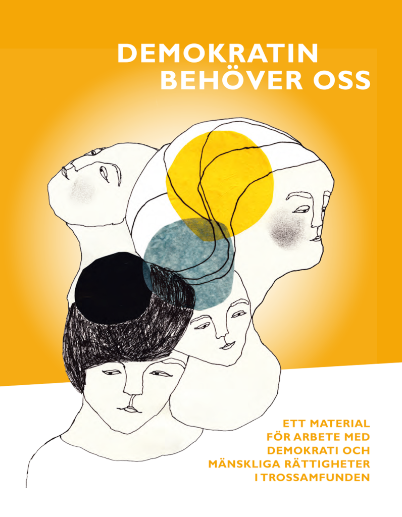 Fem abstrakta människoansikten med överlappande cirklar; svensk text om demokrati och mänskliga rättigheter material.