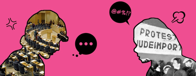 Två siluettfigurer grälar; den ena visar ett regeringsmöte, den andra en protest med en skylt.