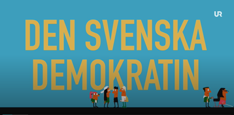 Gul text "DEN SVENSKA DEMOKRATIN" mot blå bakgrund med tecknade människor stående nedanför.