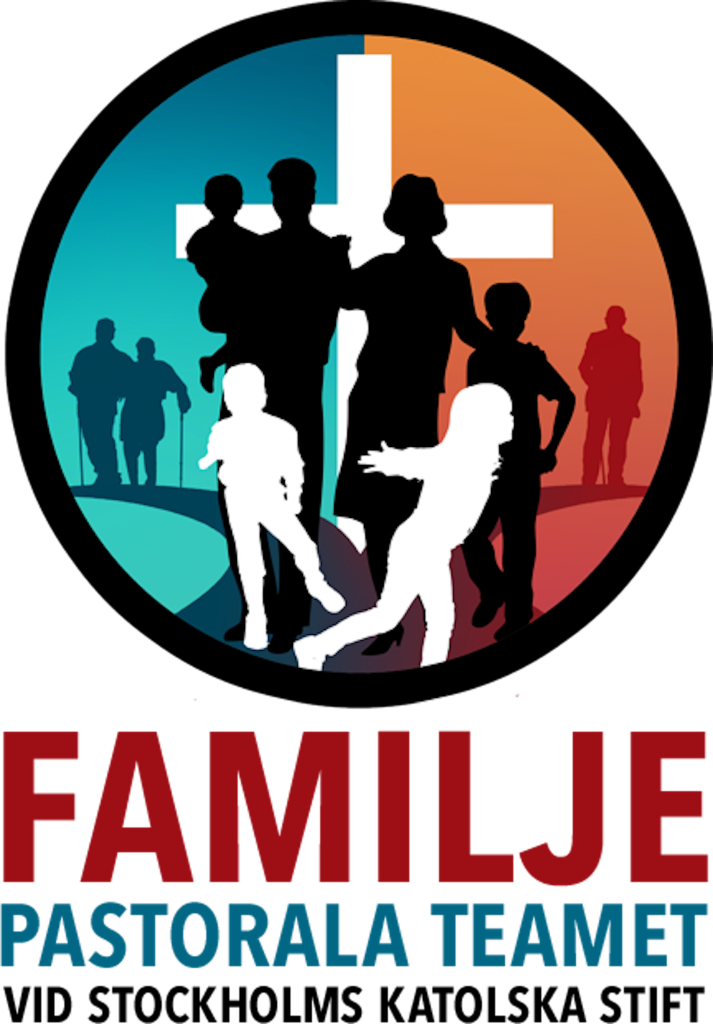 Silhuett av en familj framför ett kors med färgad bakgrund; text: Familje Pastorala Teamet.