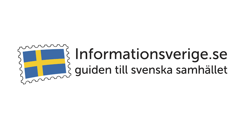 Logotyp med en svensk flagga inuti ett frimärke och texten "Informationsverige.se guiden till svenska samhället.".