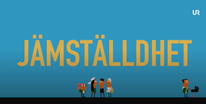 Gul text "JÄMSTÄLLDHET" på blå botten, med tecknade personer stående under; "UR" i övre högra hörnet.