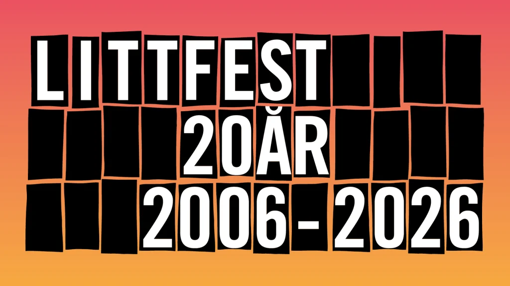 Texten lyder: "Littfest 20 år 2006-2026" på en röd-orange gradientbakgrund med svarta rektanglar.